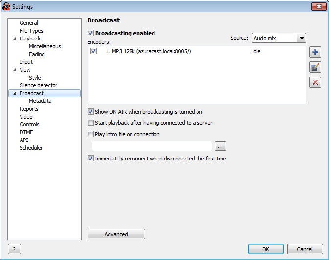 RadioBOSS Settings: Broadcast menu